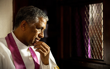 Image showing Confession, church and priest in a booth listening to confessing of sin, mistakes or problems. Religion, christian and senior pastor in Mexico doing catholic tradition for forgiveness in a cathedral.