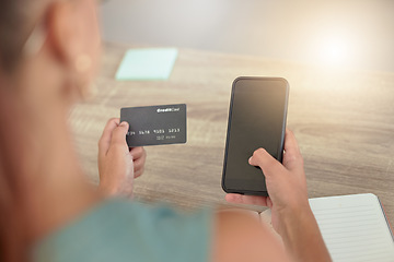 Image showing Woman, smartphone and credit card for online shopping, banking service and payments. Female customer, client and consumer with card for transactions, ecommerce and virtual purchase with phone in home