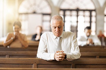 Image showing Praying, faith and in church to worship, spiritual and religion with believers, congregation and silent. Religious, connect and hands together for gratitude, closed eyes and prayer in tabernacle.