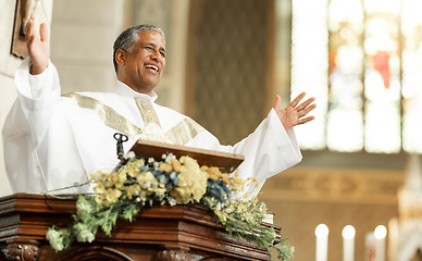 Image showing Pastor, preach and in church smile, bible and talking with pride, confidence and happy with altar. Blessing, worship or spiritual leader for faith, happiness or joy for gospel, leadership or religion