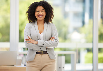 Image showing Business, confidence and portrait of happy black woman, worker or employee with pride in marketing career success. Women empowerment, corporate happiness or office girl satisfied with advertising job