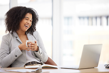 Image showing Black woman, business leader and laptop for video call, coffee and conversation for planning, online meeting or happy at desk. Leadership, digital device and hot beverage with smile, pride or talking