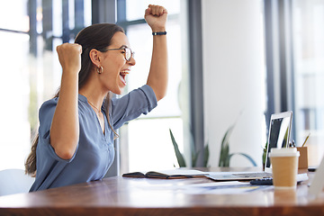 Image showing Celebration, young woman and cheering with laptop, receive positive results and good news. Excited, surprise and female winner with digital device for happiness, smile and project success and outcome