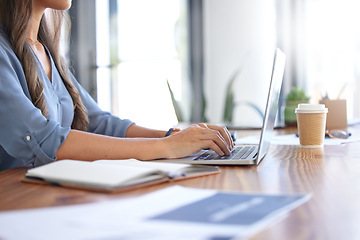 Image showing Woman at work, typing on laptop and writing business report for financial audit in accounting firm, finance department or advertising company. Email communication, office worker and company employee