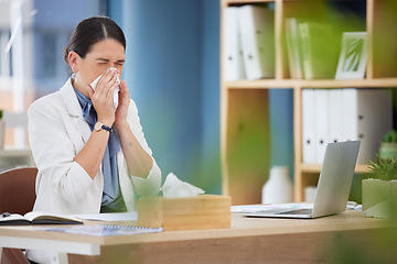 Image showing Sick, nose tissue and woman in business office with covid 19, corona virus infection or runny nose from allergy. Corona virus, health problem or employee blowing nose with cold, fever or flu symptoms