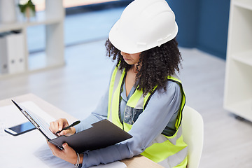 Image showing Document, writing and construction worker or engineer black woman paperwork, insurance checklist and logistics management in office. Builder, contractor or architect project planning site development