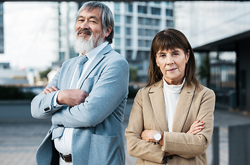 Image showing City portrait of diversity business team with crossed arms, confidence and pride in senior corporate job. Teamwork, collaboration and property developer partnership of realtor woman and Asian man