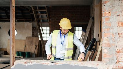 Image showing Construction, building manager man and handyman contractor measure on architect project. Industrial, engineer or construction worker planning and working on architecture design and builder logistics