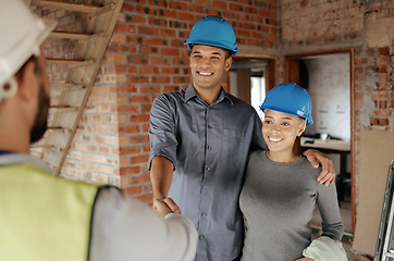 Image showing Handshake, construction and couple with home contractor make client agreement for house development, service or renovation work. Real estate property, thank you or black people make deal with builder