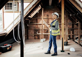 Image showing Construction, building and engineer with a black woman architect planning a development project on a building site. Construction worker, architecture and engineering with a female builder at work