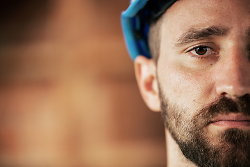 Image showing Vision, face and construction worker with innovation, target and goal at building. Mockup portrait, worker and industrial employee working in architecture or engineering on a property with a hardhat