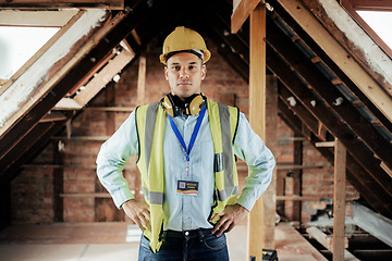 Image showing Portrait, construction man and leader for building project, with pride and confident with work and architecture. Male architect, leadership and management for maintenance, contractor and with hardhat