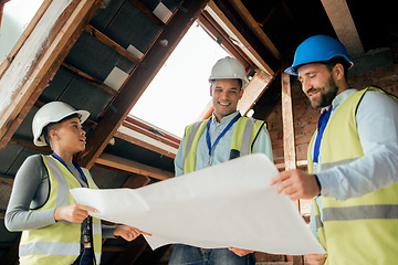 Image showing Teamwork, planning and construction workers with blueprint in building looking at engineering design, floorplan and illustration. Diversity, collaboration and engineers working at construction site