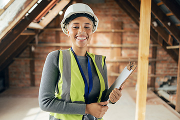 Image showing Architect woman, clipboard and happy on construction site in industry, planning and inspection. Engineer, architecture and construction worker smile at industrial workplace in building, house or home