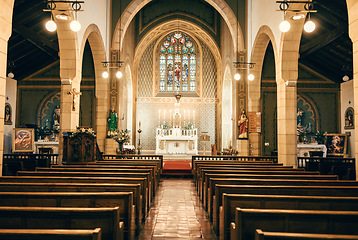 Image showing Church, interior and worship building for religion or religious catholic faith. Medieval spiritual architecture, christianity and italian cathedral monument in Europe for holy weddings or baptism