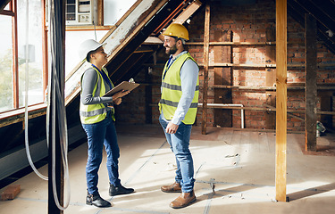 Image showing Architect, construction and teamwork for home renovation and home improvement building project. Engineer, industrial designer colleagues and construction workers for inspection in house architecture