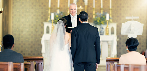 Image showing Couple, wedding and priest with commitment, love and marriage ceremony in church service together. Man, woman and pastor with trust, celebration and christian marry event in a chapel or spiritual