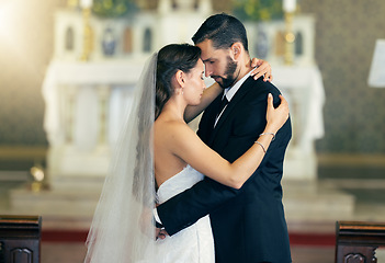 Image showing Wedding dance, love and couple dancing together with a hug after getting married at celebration reception for event. Bride, groom and marriage commitment in Christian church, a suit and wedding dress