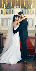 Image showing Love, wedding and couple dance in church in celebration of the bride and grooms faithful commitment in marriage. Romance, support and classy wife dancing with a trusted husband at a romantic event