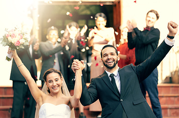 Image showing Bride, groom smile and celebrate leaving church holding hands together after wedding ceremony, bridal vows and celebration of love. Happy man, smiling woman and catholic marriage ceremony tradition