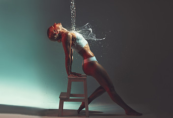 Image showing Water, water splash on woman and skincare, hydration with hygiene, beauty and wellness against studio background. Body care, healthy skin and aqua treatment, clean and moisture with fresh mockup.