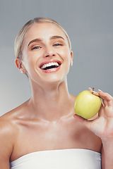 Image showing Apple, beauty and portrait of health woman with fruit for body care, antioxidants and healthy weight loss diet. Aesthetic model with nutritionist food for diy facial acne treatment, skincare or detox
