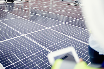 Image showing Solar energy, environment and solar panel with sustainability, grid and renewable energy, eco friendly and sustainable technology. Clean energy, construction worker with tablet for inspection.