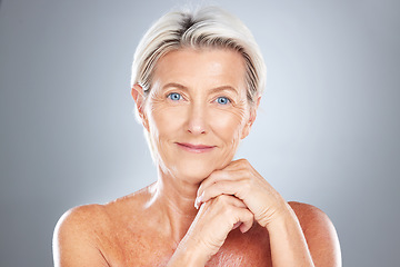 Image showing Skincare, senior woman and skincare, beauty and cosmetic wellness fro anti aging in grey studio background mockup. Elderly female model happy with skin health, face and healthcare with facial makeup