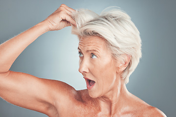 Image showing Elderly woman with surprise, white hair in gray background studio and shocked face at healthy haircut. Short hairstyle in senior age, old lady with hair loss or dermatology skincare aesthetic