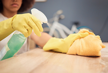 Image showing Cleaning, health and safety spray table zoom for bacteria hygiene, virus and covid germ killer. Chemical, product and alcohol liquid disinfectant bottle with black woman spraying home surface.