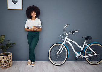 Image showing woman, bicycle and tablet for advertising vision mock up on social media. Black girl, happy and digital networking online or digital marketing for bike ad placement on 5g web mobile app on ipad