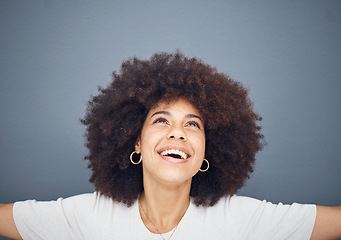 Image showing Happy, hope and worship of black woman prayer for wellness, gratitude and faith with joyful smile. Happiness, peace and spiritual lifestyle of religious girl praying with gray studio mockup.