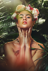 Image showing Woman, nature and beauty with leaves, plants and trees with organic makeup model, natural cosmetics and wellness products. Jungle, forest and tropical rainforest with outdoor floral flowers aesthetic