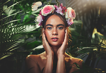 Image showing Beauty, jungle and flowers with portrait of woman for tropical or exotic skincare, makeup and cosmetics. Summer, spa and nature with model and crown of rose in forest for salon, plant and luxury