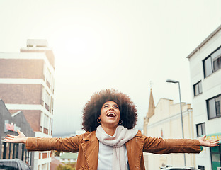 Image showing Smile, happy and black woman with gratitude in a city with freedom, success and inspiration outdoors. Hope, god and excited African girl with grateful open hands, abundance and positive mindset