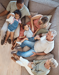 Image showing Family relax, generations and love in home with happy parents, grandparents and children on sofa bonding in overhead. Happy family, together and spending quality time with smile in living room.