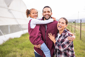 Image showing Happy family, farming and agriculture, greenhouse and field for sustainability, growth and environment in Spain countryside. Portrait of farmer parents, kid and sustainable gardening in agro industry