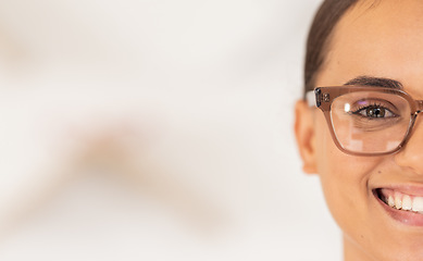 Image showing Marketing, advertising and woman with glasses for optometry with mock up space for company logo. Happy, smile and half face portrait of a girl with eyeglasses for vision from optometrist and mockup