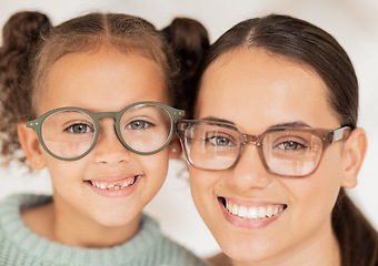 Image showing Optometrist, vision and portrait of mother and child smiling together with glasses. Family, healthcare and mom with girl with prescription spectacles for optical sight, eye care and optician eye test