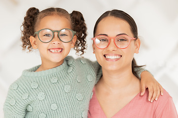 Image showing Mom, daughter smile and glasses portrait for strong eyes, vision and optical health with white background. Mother child happiness, happy together for eyeglasses and wellness, seeing and healthy sight