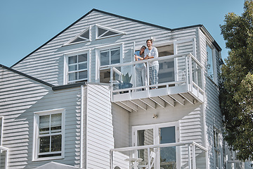 Image showing Love, couple and on balcony for vacation, holiday and in summer being happy for marriage, honeymoon and romantic. Romance, man and woman on weekend getaway, travel and bonding being loving and relax.