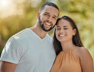 Image showing Portrait, happy and couple in nature to relax on a honeymoon vacation, holiday or weekend in Brazil, Sao Paulo. Smile, partners and healthy woman enjoying quality time, bonding and marriage with man