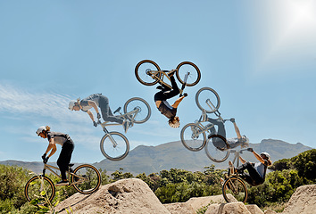Image showing Cycling, mountain bike and jump for sports speed trick in training adventure outdoors. Exercise bike, freedom and healthy man on fitness workout for active cardio lifestyle motivation in nature