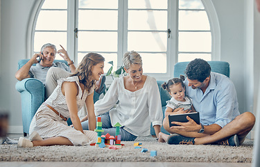 Image showing Education, learning and family with a tablet for a child streaming a video, cartoon or game. Happy, relax and girl kid playing on technology with her dad for games and digital social connection