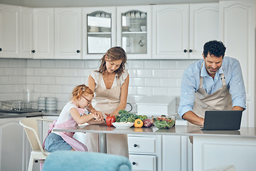 Image showing Kitchen, cooking and family with laptop with vegetables, food nutrition information and internet recipe search for healthy, vegan lifestyle. Parents and child learning together for lunch or dinner