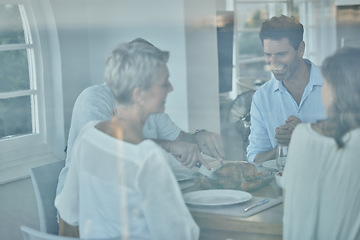 Image showing Happy family, food or thanksgiving turkey on table in house, home and restaurant for party, event or meat lunch. Smile, people or men or women and festive meal, celebration or nutrition health dinner