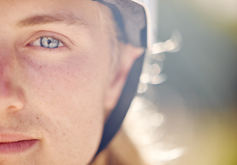 Image showing Man, eye closeup and face in nature for healthy skincare or exercise adventure. Young athlete, sports training motivation and facial wellness vision for focus mindset in outdoor bokeh background