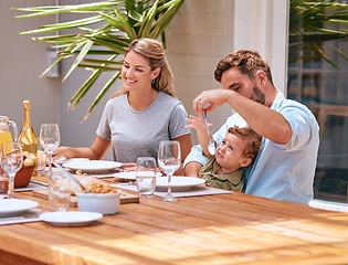 Image showing Food, mother and father with baby at table at an outdoor patio for holiday celebration with champagne and lunch in summer. Happy family, mom and dad with child fine dining together at home or house