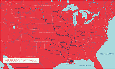 Image showing Mississippi River Basin in the USA detailed editable vector map