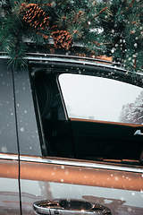 Image showing Car with christmas tree on roof